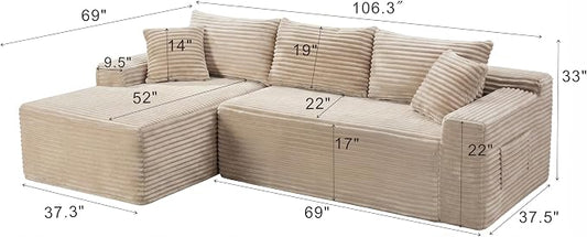 105-Inch L-Shaped Left Facing Corner Compressed Sofa Modular Sectional Boneless Cloud Sofa Floor Foam Couch with Chaise Lounge, Corduroy Corner Boneless Cloud Couch