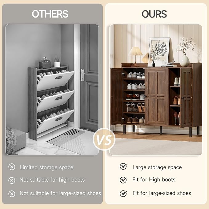 ONBRILL Shoe Cabinet with 3 Doors and Adjustable Shelves, 30 Pairs Shoe Storage Cabinet, 40 Inch Tall Farmhouse Shoe Rack Shoe Organizer Cabinet for Entryway Living Room Closet, Walnut