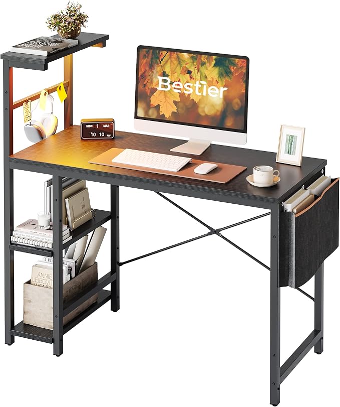 Bestier Gaming Desk with LED Lights, 44 Inch PC Gamer Desk for Small Spaces, Computer Desk with Reversible Storage Shelves & Side Storage Bag (Black Grained)