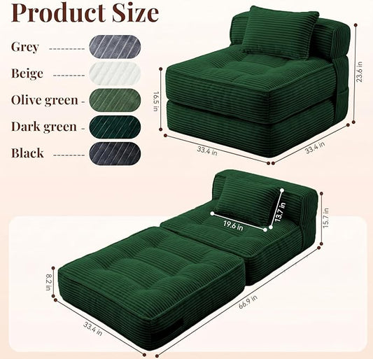 Folding Sofa Bed, Convertible Sleeper Chair with Pillow Foldable Mattress with Back Support, Portable Fold Out Chair Bed Comfy Floor Couch Lounge for Living Room Bedroom Apartment Single