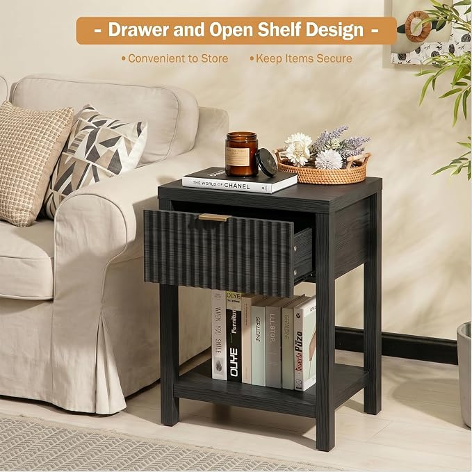 Fluted Night Stand with Golden Handle,Mid-Century Nightstands with Drawer,Modern Bedside Table with Storage Shelf,Large Wood End Tables for Livingroom,Bed Side Tables for Bedroom,Black