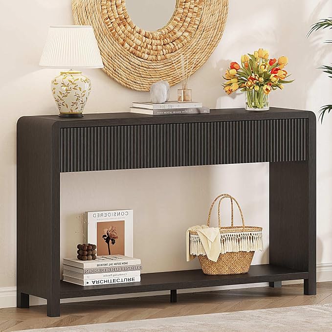 FATORRI Console Table for Entryway, 47.2 inch Modern Sofa Table with 2 Drawers for Living Room, Wood Hallway Tables and Couch Tables Behind Sofa, Black