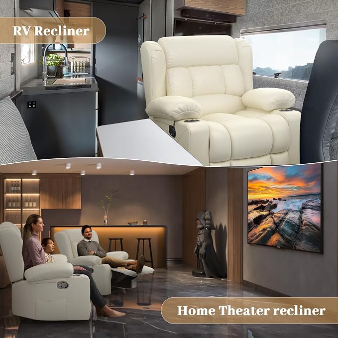 RV Recliner Chair, Oversized Reclining Loveseat Home Theater Seating with Cup Holders, Insert Pockets, Wall Hugger RV Recliners for Movie Room, Recline Movie Seats Gaming Sofa, White