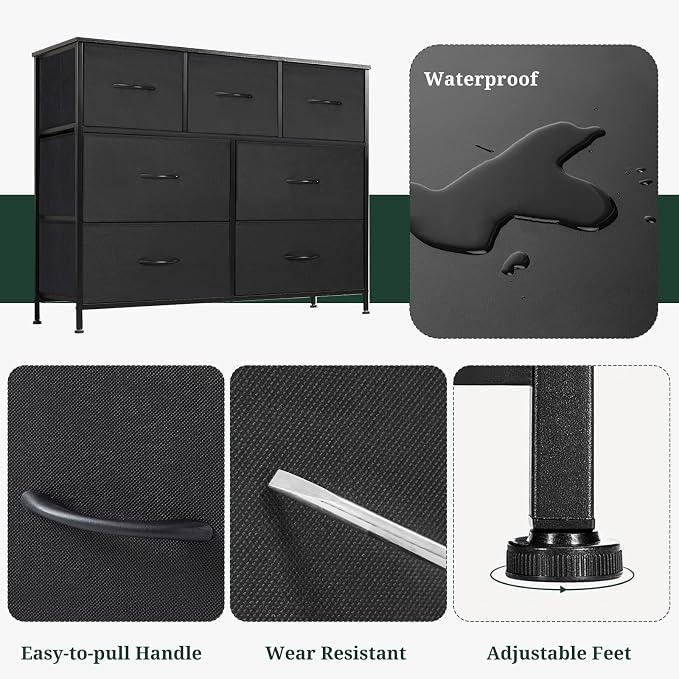 7-Drawer Dresser for Bedroom, Anti-Tip Wide Storage Organizer Fabric Chest of Drawers TV Stand for 45" TV with Wooden Top and Metal Frame for Closet, Living Room, Hallway, Entryway, Black