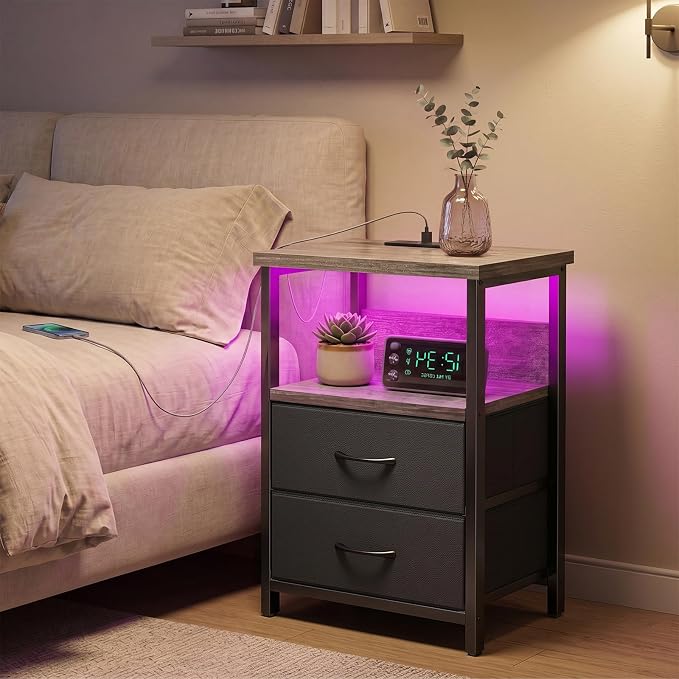 Fixwal Night Stand with Charging Station, LED Nightstand with U-S-B Ports and Outlets, 2 Fabric Storage Drawers with PU Finish, Bed Side Table, French Oak