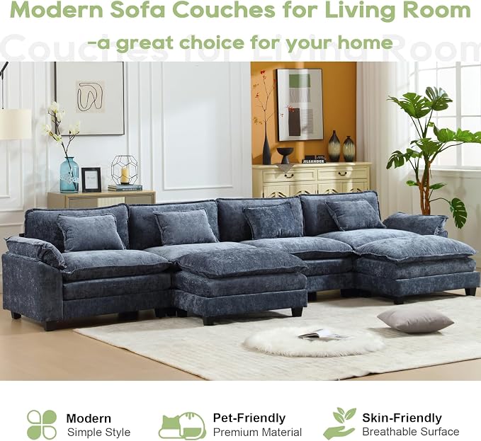 Oprisen 154" Modular Sectional Sofa, Comfy Cloud Couch Sectional Sofa with Ottoman, Chenille Sofa Sleeper Deep Seat Sofa with Throw Pillows for Living Room (Blue, 154"- U Shape)
