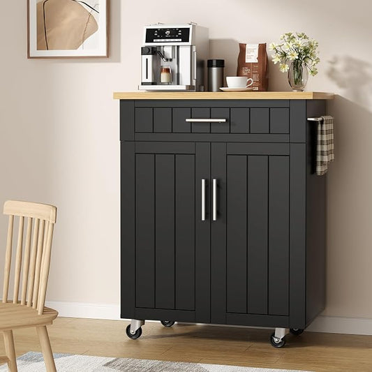 Shintenchi Kitchen Island cart with Storage, Portable Bar Cabinet on Wheels, Rolling Microwave Cart Side Table with Workstation for Kitchen, Dinning Room, Black