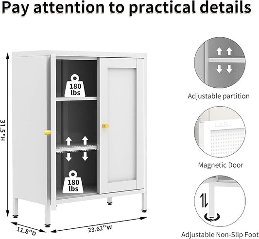 White Metal Storage Cabinet with 2 Doors - 31.5''H Bathroom Floor Storage Cabinet, 3 Tier Locker with Adjustable Shelves, Bathroom Cabinet for Office, Home, Living Room, Kitchen