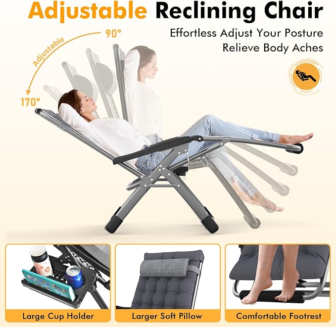 Slendor Oversized Zero Gravity Chair XXL, 33IN Outdoor Recliner Chair w/Removable Cushion&Headrest, Camping Lounge Chair w/Upgraded Lock&Footrest, Reclining Patio Chairs, Support 500lbs, Dark Gray