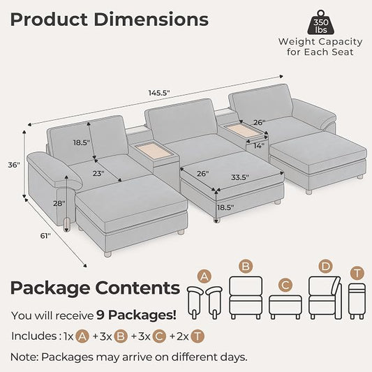 SITJOY Large Cloud Couch, 146" Wide 3 Seater Bed with Console, Navy Blue | Detachable and Washable Chenille Cover Sectional Sofas for Living Room, Deep Seat Wide Couch with Chaise, Storage Ottoman