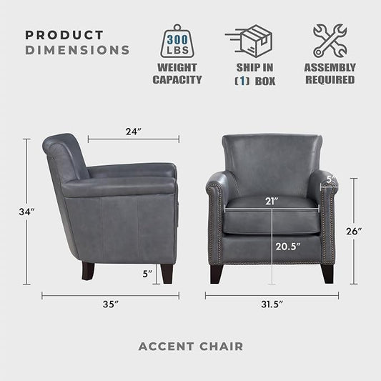 Lexicon 100% Top Grain Genuine Leather Chair, Leather Accent Chairs for Living Room, Solid Wood Frame, Rolled Armrest & Nailhead Trim, Comfy Reading for Bedroom, Office, Waiting Room, Burnish Gray
