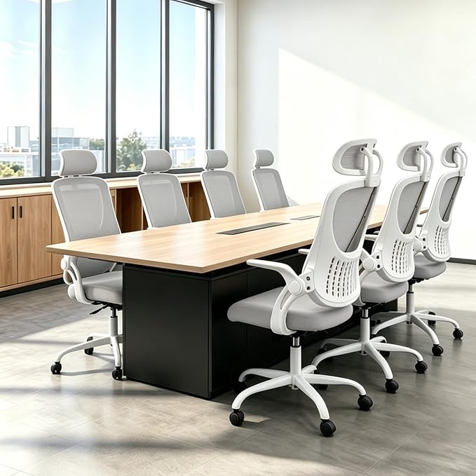 Ergonomic Office Chair, Comfy Desk Chair with Wheels, Adjustable Headrests, Flip-Up Armrests, Breathable Mesh High-Back, Comfortable Swivel Seating for Home Computer, Grey