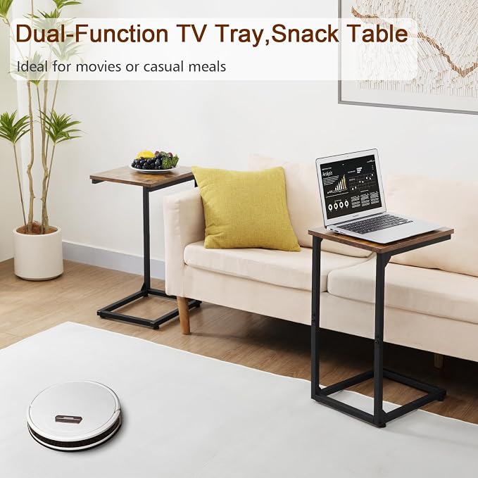 AMHANCIBLE C Shaped End Table Set of 2, Couch Side Table that Slide Under Sofa, Narrow Small Space TV Trays for Living Room, Bedroom, Rustic Brown HET02CBR