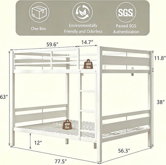 Bunk Bed Full Over Full, Heavy Duty Metal Bunkbeds with Full-Length Guardrail, Space-Saving Steel Bed for Kids & Adults, No Box Spring Required, White