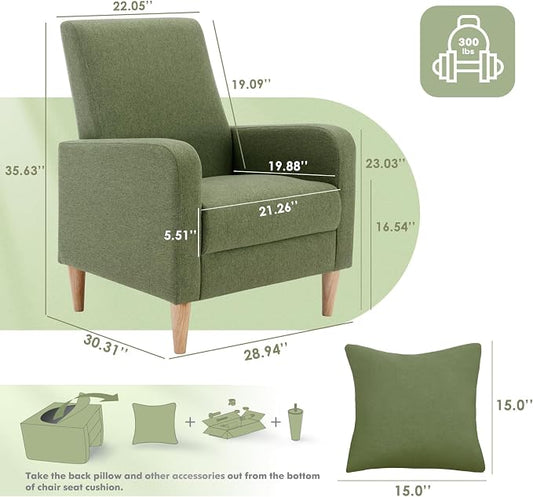 COLAMY Mid-Century Modern Upholstered Accent Chair with Back Pillow & Solid Wood Legs, Fabric Cozy Armchair for Living Room, Bedroom, Reading Nook, Apartment & Small Spaces, Green