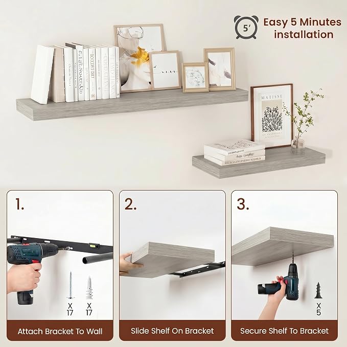 Vivelove 12 in Deep Floating Shelves for Wall, 72" x 12" x 2" Shelves for Room Wall Mounted, 2 Inch Thick Shelf for Bathroom Bedroom Kitchen Book Room, Modern Farmhouse Decor, Set of 1, Grey