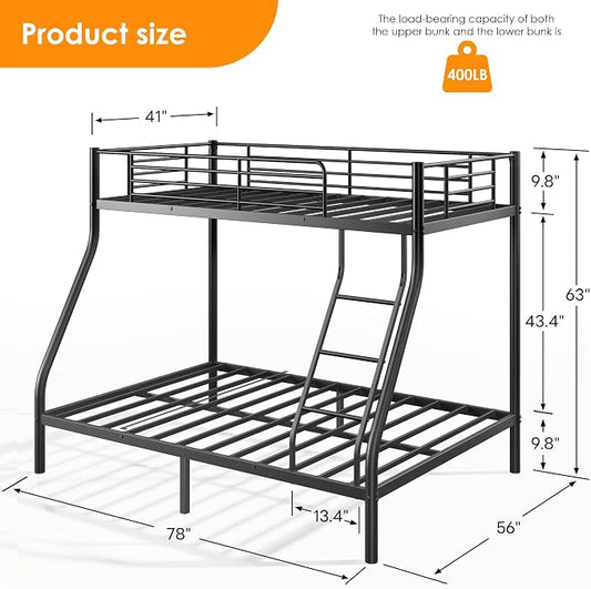 SDHYL Twin Over Full Bunk Bed, Heavy Duty Metal Frame for Adults, Space-Saving for Dorm, Apartment & Small Room, Black, No Box Spring Needed