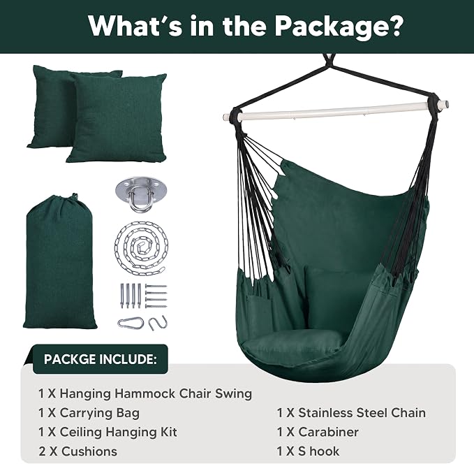 SUNCREAT Hammock Chair Hanging Rope Swing Seat-Max 450lbs Capacity, Extra Large Hanging Swing with Metal Support Bar, Side Pocket, Green