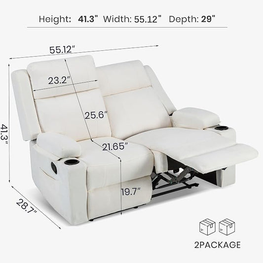 55" RV Loveseat Recliner – Space-Saving Double Reclining RV Sofa, Compact Theater Seating with Cup Holders & Storage Pocket, Beige Chenille Couch for Camper, Motorhome & Home Theater