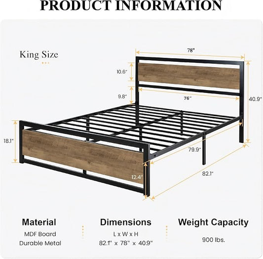 SHA CERLIN Heavy Duty King Size Bed Frame with Modern Headboard, Brown | Platform Metal Base with Square Footboard and 13 Strong Slats Support, No Box Spring Needed