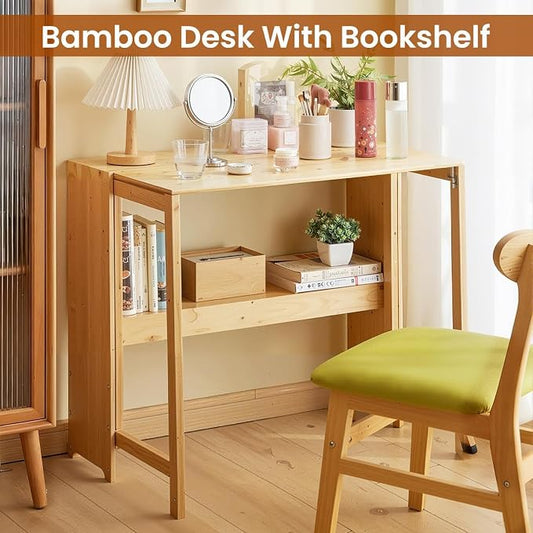 Bamboo Foldable Desk, 41" Folding Bamboo Desk for Small Spaces, Mid Century Small Computer Desks with Bookshelf, Wooden Desks for Home Bedroom Study Office, Primary Color