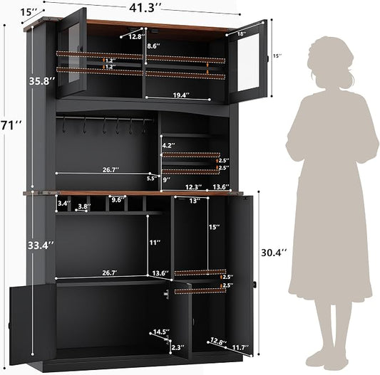 Einhomn 71" Tall Kitchen Pantry Cabinet with Charge Station, 3 Adjustable Shelves, Wine Rack and Glass Door, Kitchen Hutch for Dining Room, Kitchen and Living Room, Black