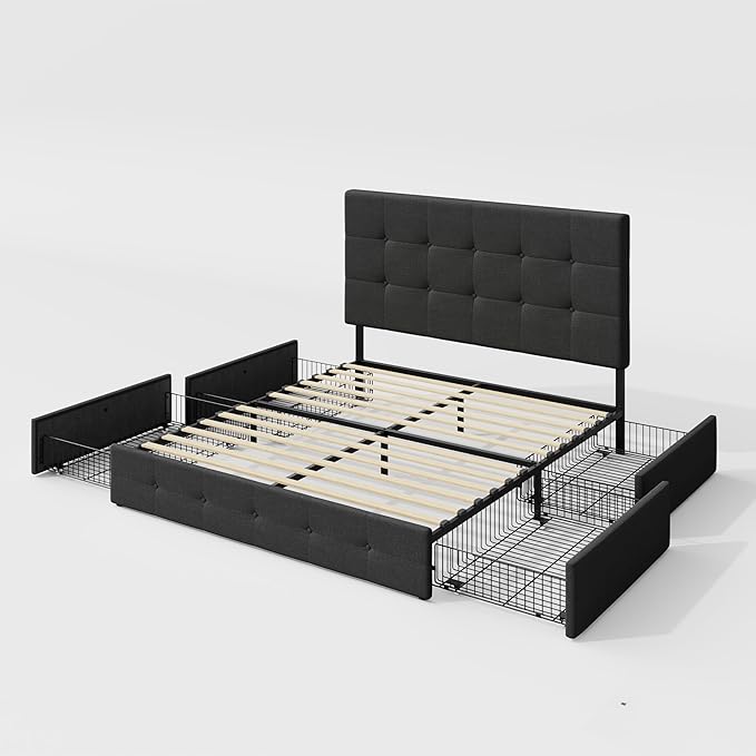 Allewie Upholstered Full Size Platform Bed Frame with 4 Storage Drawers and Headboard, Square Stitched Button Tufted, Mattress Foundation with Wooden Slats Support, No Box Spring Needed, Dark Grey