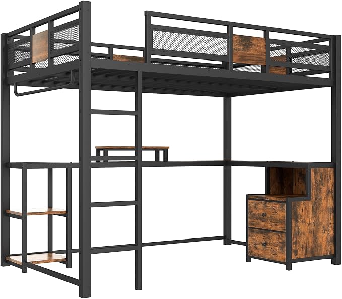 Bellemave Full Loft Bed with Desk & Storage Fabric Drawers, Shelves, Heavy Duty Full Size Metal Loft Bed Frame for Adults & Teens, Space Saving Bed for Small Room, Dorm & Apartment, Black