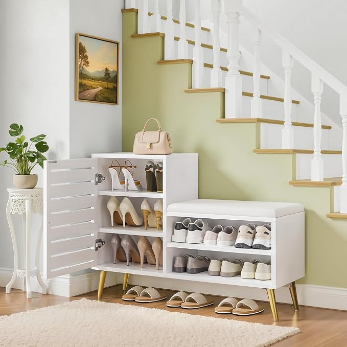 VECELO Shoe Storage Bench with Door&Shelf, Entryway Bench with Seat Cushion, for Hallway, Bedroom, Living Room, L-Shaped, White