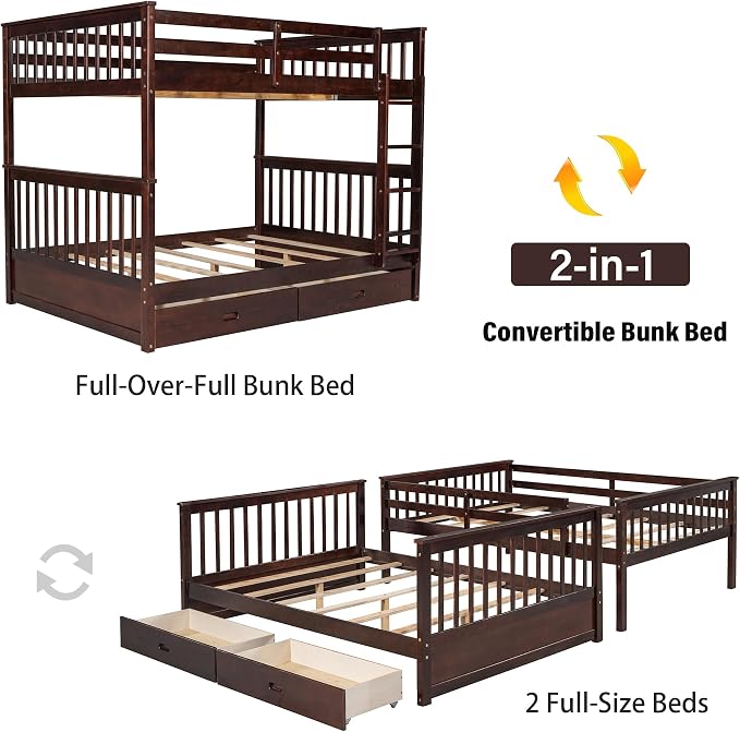 Merax Wood Bunk Bed with Drawers, Full Over Full Convertible Bunk Bed with Ladders and Two Storage Drawers,Solid Wood Detachable Bed Frame with Ladders, Espresso