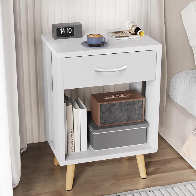 GYIIYUO 24" H Nightstands Set of 2 with Fabric Drawer, White | Open Wood Shelf, Side Table with Storage for Bedroom, Spacious 15.7"L x 11.8"W x 24"H Top Fits Lamp + Books, Stable Frame