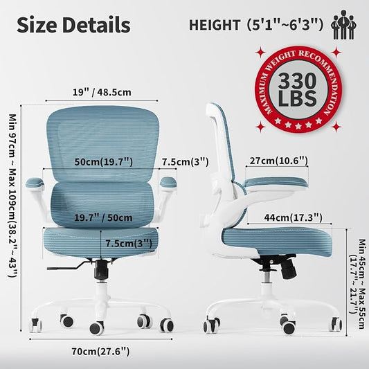 TRALT Ergonomic Office Chair - Desk Chair with Adjustable Lumbar Support Computer Chair - Mesh Comfy Chair with Flip-up Armrests - Gaming Chairs for Adults Home Office (PU Leather, Sky Blue)
