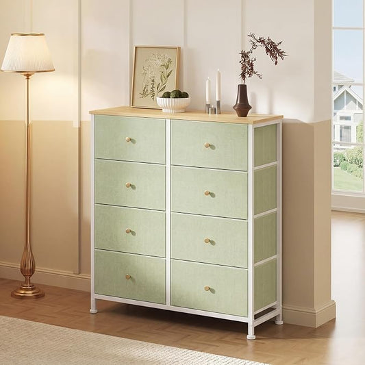 Sweetcrispy 8 Drawer Dresser for Bedroom Tall, Organizer Storage Drawers | Fabric Storage Tower, Chest of Drawers with Steel Frame, Wood Top for Living Room, Closet, Light Green