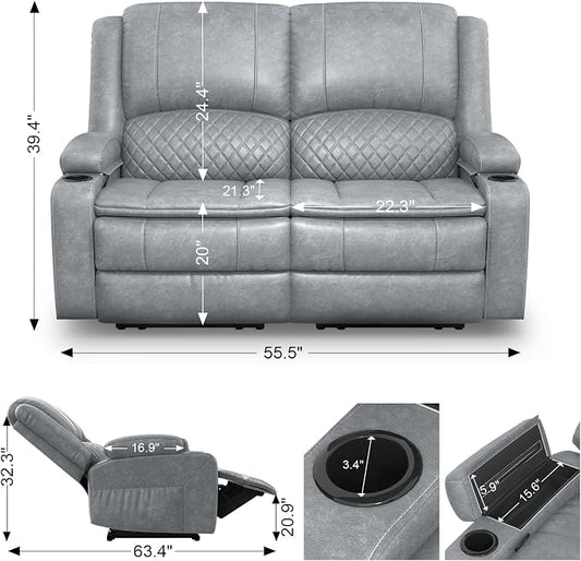 Yolsali Loveseat Recliner Sofa, Manual Reclining Loveseat with Removable Armrest, PU Leather Double Recliner for RV with 2-Tier Cushions, USB Charging Ports, Cup Holders - Gray PU