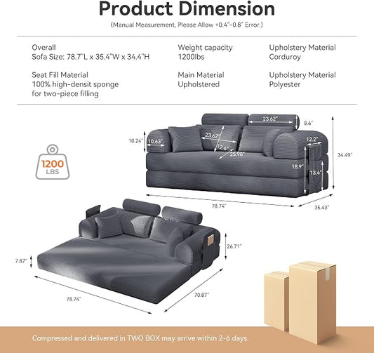 Upgrade High Backrest Design Sofa Bed with Fixed-Shape Frame & Removable Armrests and Backrest, Corduroy Fabric, Convertible Couch for Small Spaces - No Assembly Needed (Dark Gray)