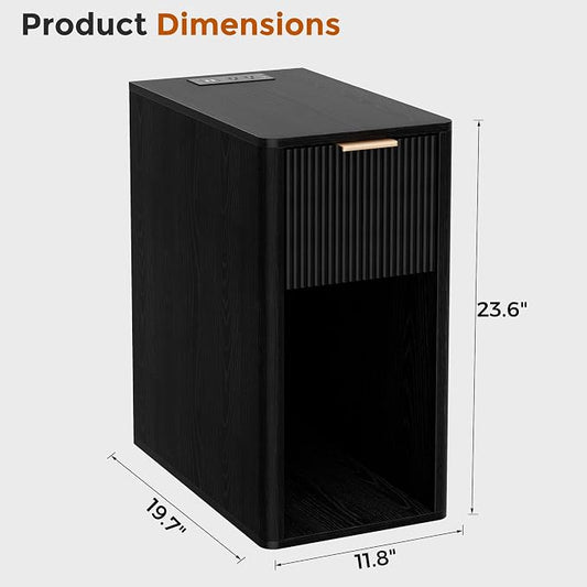 Homleke Narrow End Table with Fluted Drawer and Charging Station, Small Nightstand with USB Ports & Outlets, Bedside Table for Bedroom or Living Room, Modern Accent Table, Black