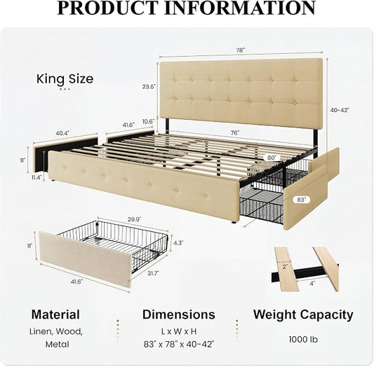 SHA CERLIN Upholstered King Size Platform Bed Frame with 4 Storage Drawers, Adjustable Headboard with Square Stitched Button Tufted Design, Wooden Slat Support, No Box Spring Needed, Beige