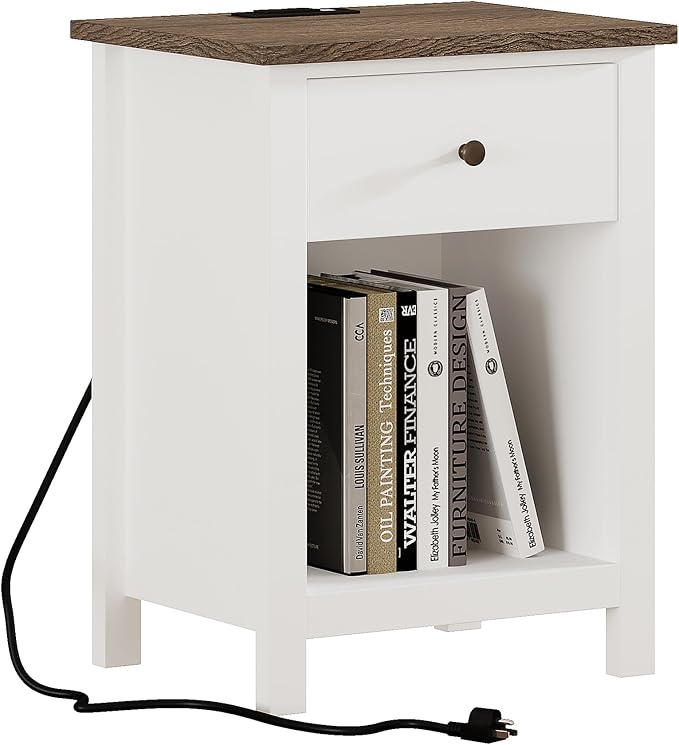 ChooChoo Farmhouse Nightstand with Charging Station, Wooden Top Bedside End Table with Drawer and Storage Space for Bedroom, White
