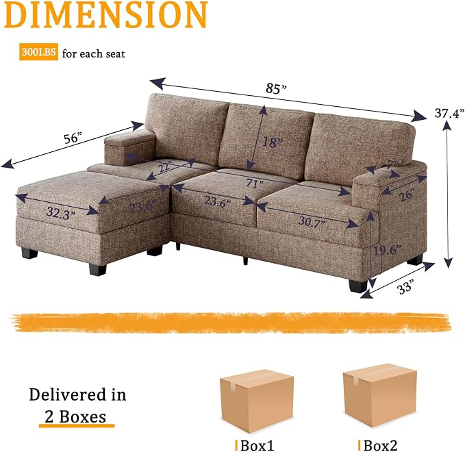 85'' L Shaped Couch with Armrest Organizer,Comfy 3 Seats Sofa with Thick Cushion,Chenille Sectional Couches for Living Room,Bedroom,Apartment,Sofa Set with Oversized Chair,Home Furniture,Brown