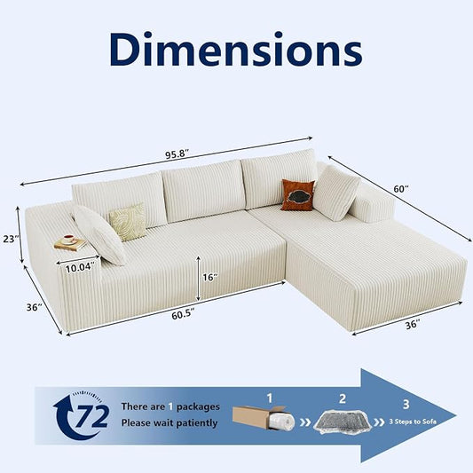 96" Modular Sectional Sofa, Modern Corduroy Cloud Couch with Deep Seat, Boneless Couch Upholstered 3-Seater L-Shaped Sofa for Living Room, No Assembly Required (White, Right-Facing Chaise)