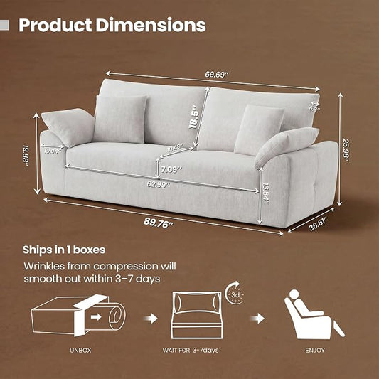 90" Boneless Loveseat Sofa, Polyester Fabric 2-Seater Couch with 4 Pillows, No Assembly Required, Soft High Density Foam Cushion, Rectangular Track Arm Sofa for Living Room Bedroom Apartment (Beige)