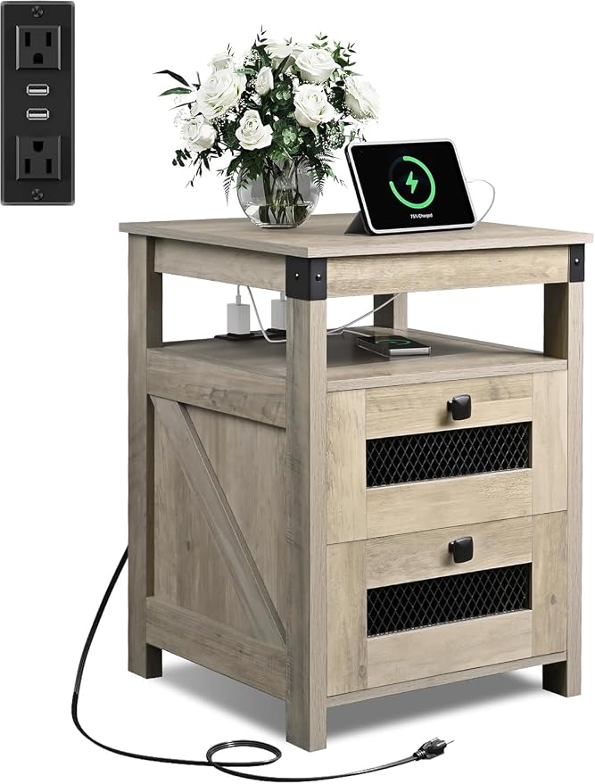 WLIVE Nightstand with Charging Station, Farmhouse End Table, Bed Side Table with 2 Storage Drawers and Open Shelf, Wood Rustic Nightstands for Bedroom, Greige