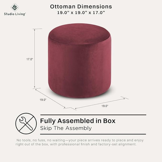 Studio Living® 19” Wentworth Ottoman Round Soft Velvet Bench, Stationary Ottomans, Backless Chair, Footrest for Living Room, Footstool Office, Bedroom, Padded Seat, Plum