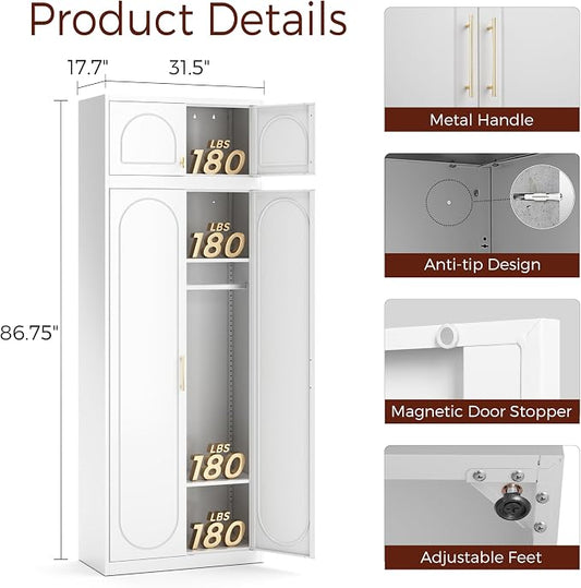Metal Armoire Wardrobe Closet with Doors, 86" Tall Wardrobe Cabinet with Hanging Rod and Adjustable Shelves, White Clothing Storage Cabinets for Bedroom, Home Office