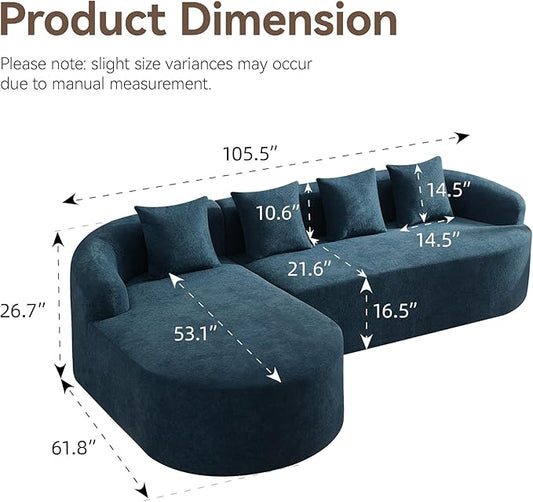 105.5" Boneless Curved Couch, L Shaped 4-Seater Cloud Couch with Deep Seat Chaise, Oversized Curved Sofa, Chenille Modular Sectional Couches for Living Room, No Assembly, Blue