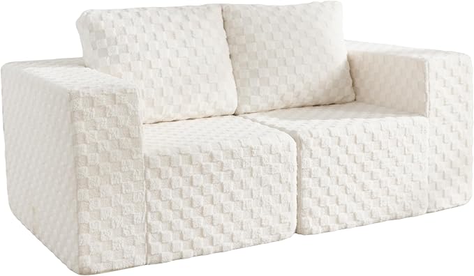 Modular Sectional Sofa 2 Seater Loveseat Modular Couch with Deep Seat Memory Foam Cloud Chair with Pillows Oversized Sectional Sofa for Living Room Bedroom (Plush White, Loveseat)
