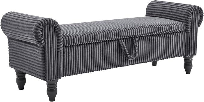 55" Bench for End of Bed Storage Benches, Queen End of Bed Bench Corduroy Upholstered Storage Ottoman Window Bench with Storage, for Bedroom, Entryway, Closet, Dark Grey