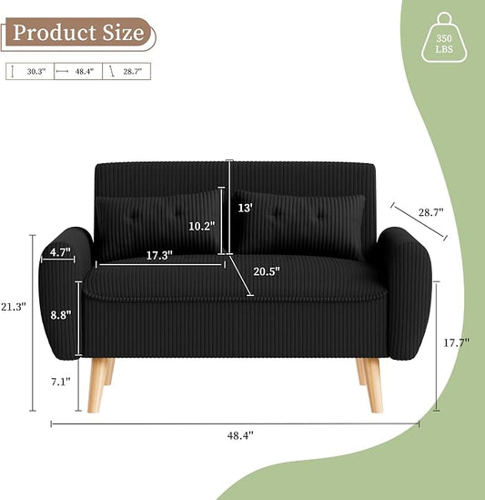 Vongrasig 48" Small Modern Loveseat Sofa, Mid Century Soft Corduroy Fabric 2-Seat Sofa Couch Tufted Love Seat with Back Cushions and Tapered Legs for Living Room, Bedroom and Small Space (Black)