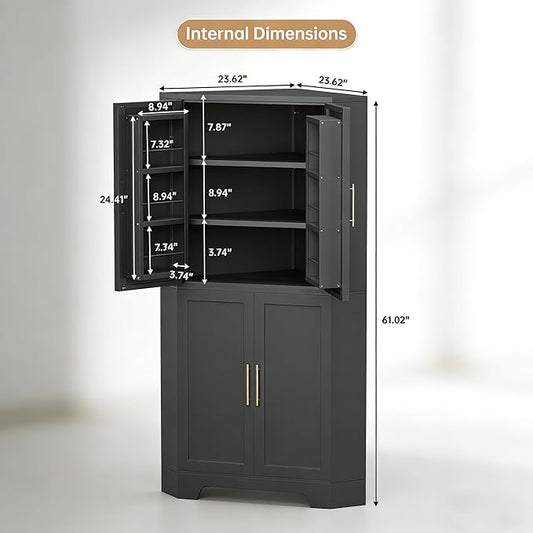 Corner Cabinet, Metal Storage,Kitchen Pantry Cabinet with Adjustable Shelves & Spice Rack, Tall Freestanding Corner Pantry with Shaker Doors & Gold Handles for Kitchen, Bathroom, Living Room (Black)