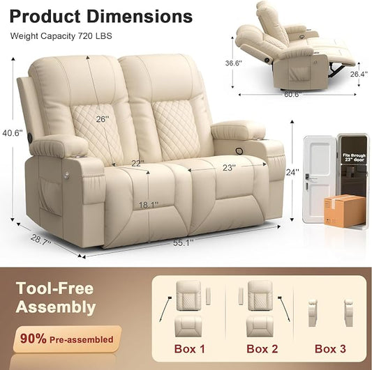 RV Loveseat Recliner Sofa, Reclining Loveseat Wall Hugger Recliners with USB Ports, Cup Holders, Insert Pockets, RV Recliners for Travel Trailers & Living Room, RV Furniture | RV Couch | Beige